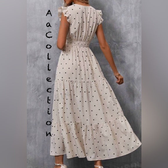 Boho Polka Dots Slit Sleeveless Smocked Cap Ruffle Maxi Dress - Picture 3 of 3